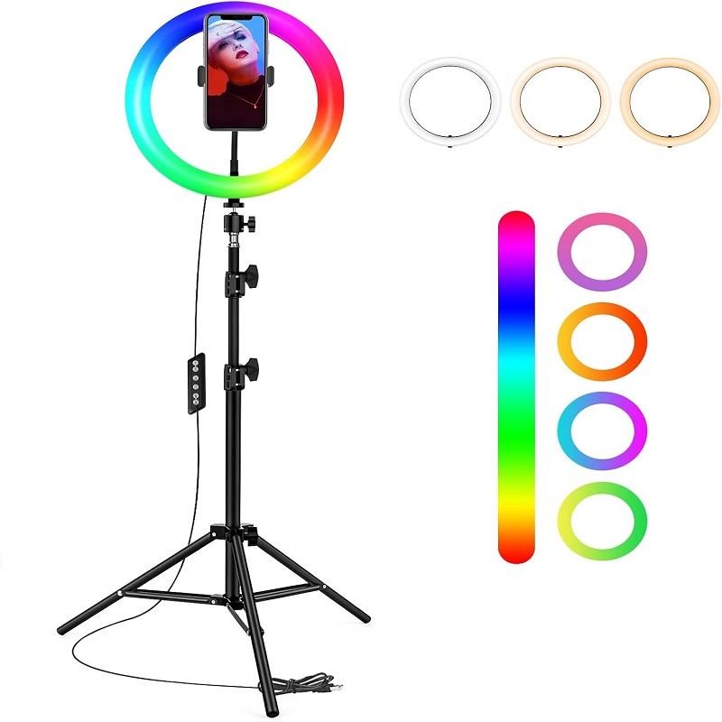 Ring Light, Anneau LED sur Pied, créations artistiques et Selfie, 10 pouces, 21 couleurs RGB, 3 modes d'éclairage,