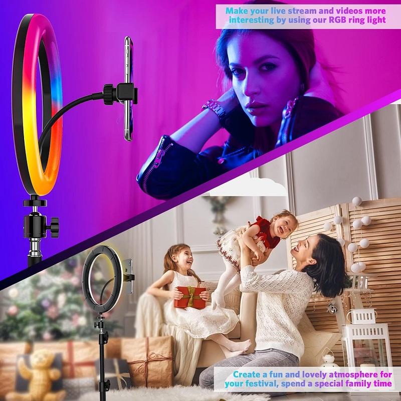 Ring Light, Anneau LED sur Pied, créations artistiques et Selfie, 10 pouces, 21 couleurs RGB, 3 modes d'éclairage, – Image 2
