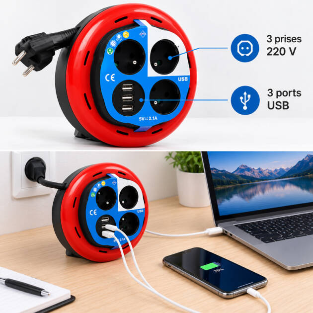 Rallonge multiprise 3 prises + 3 USB, Enrouleur 5m