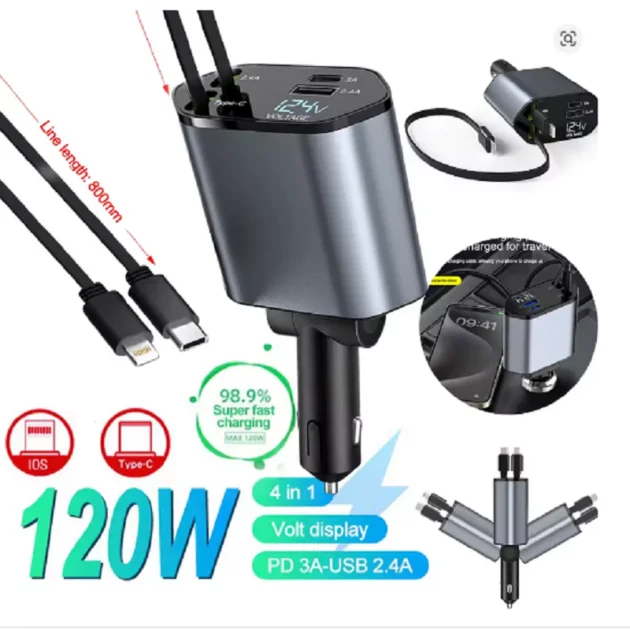 Chargeur Voiture Rétractable 4 en 1 ,120W